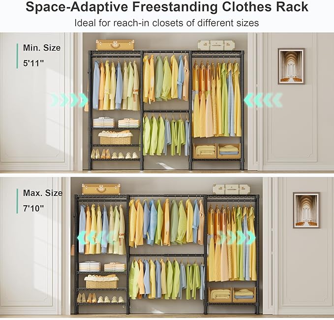 SEMHOR E06 Expandable Heavy Duty Clothes Rack for Reach-in Closet, Freestanding Clothing Racks with Shelves, Carbon Steel Closet Organizer System Adjustable from 70.8-93.9", Max Load 800LBS, Black