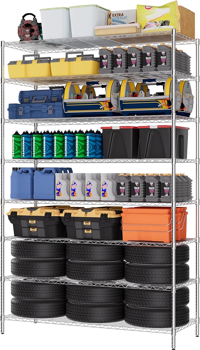 Finnhomy 4000LBS 8-Tier Wire Shelving Unit Adjustable Steel Wire Rack, 18x48x80.2 Inches 8 Shelves Metal Rack, Pantry Shelves for Storage, Metal Garage Shelving with 1" Poles, NSF Certified, Chrome
