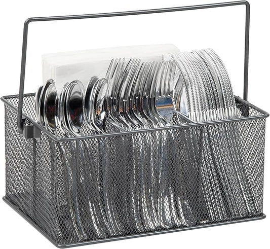 Mind Reader Multi-purpose Storage Caddy with Handle, Desktop Organizer, Cutlery Holder, 4 Compartments, Metal Mesh, Gray