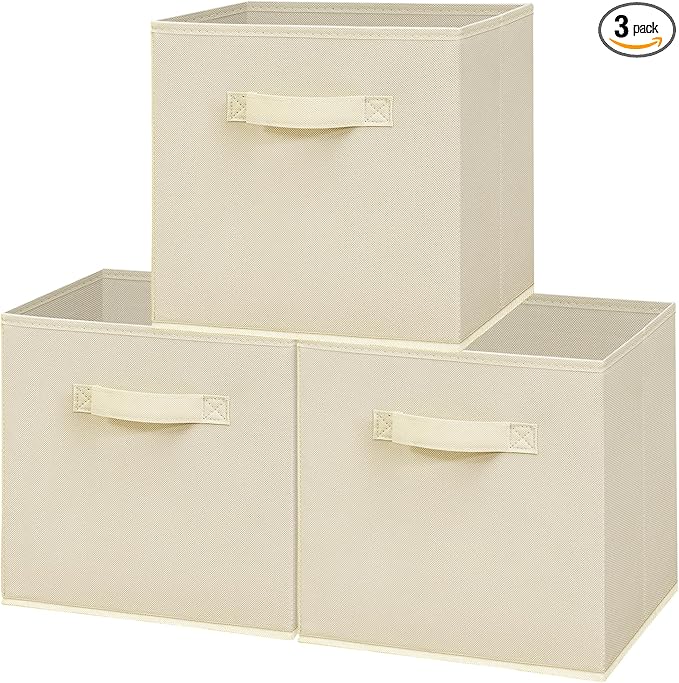 11x11 Inch Storage Bins Cubes, Fabric Foldable Storage Box, Collapsible Closet Organizer for Clothes, Blankets, Office, Bedroom, Living Room, Shelf Cabinet, Bookcase, Beige, 3 Pack