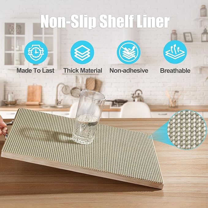 Songrey Non-Adhesive Drawer and Shelf Liner, Non Slip Cabinet Liners, Protect Kitchen Cupboard, Bathroom Drawers, Breathable, Thick Strong Grip mat (17.5IN x 20FT, Beige)