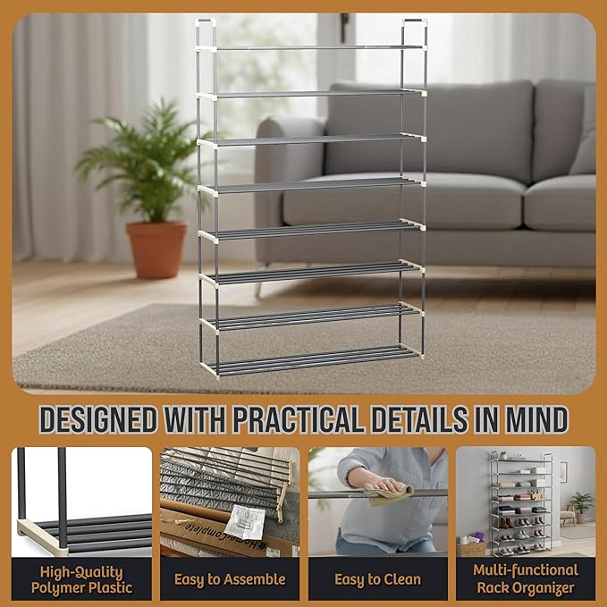 Home-Complete Shoe Rack - 8-Tier Shoe Organizer for Closet, Bathroom, Entryway - Shelf Holds 40 Pairs Sneakers, Heels, Boots (Gray)