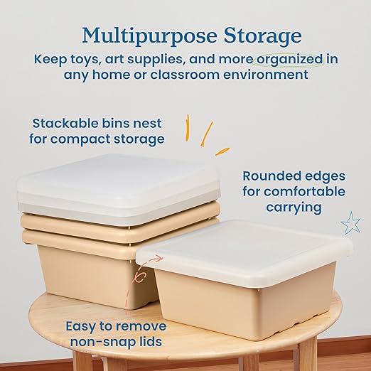 ECR4Kids Stackable Square Bins with Non-Snap Lids, Multipurpose Organization, Sand, 4-Pack