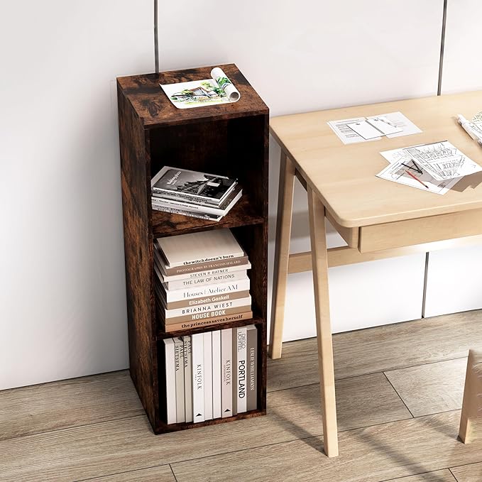 Cube Storage Organizer, 3 Cube Retro Bookshelf, Freestanding 3 Tier Open Shelf, Rustic Brown Retro Shelves for Home Office, Bedroom, Living Room, Study