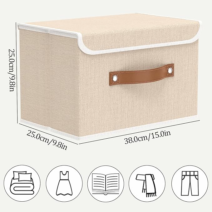 OUTBROS Large Fabric Storage Box with Lid, Collapsible Wardrobe Organiser, Linen Cubes For Towels, Clothes, 13 x 9.1 x 7.9 inch (Beige, 3-Pack)