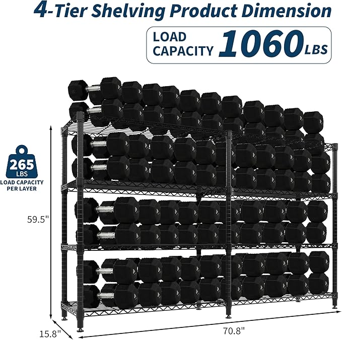 Metal Storage Shelves 4-Tiers, 60" H Wire Shelving Units Heavy Duty 265LBS Loads per Shelf, Adjustable Standing Wire Rack Shelf, for Home Office Pantry Room Basement,71" W x 15.7" D