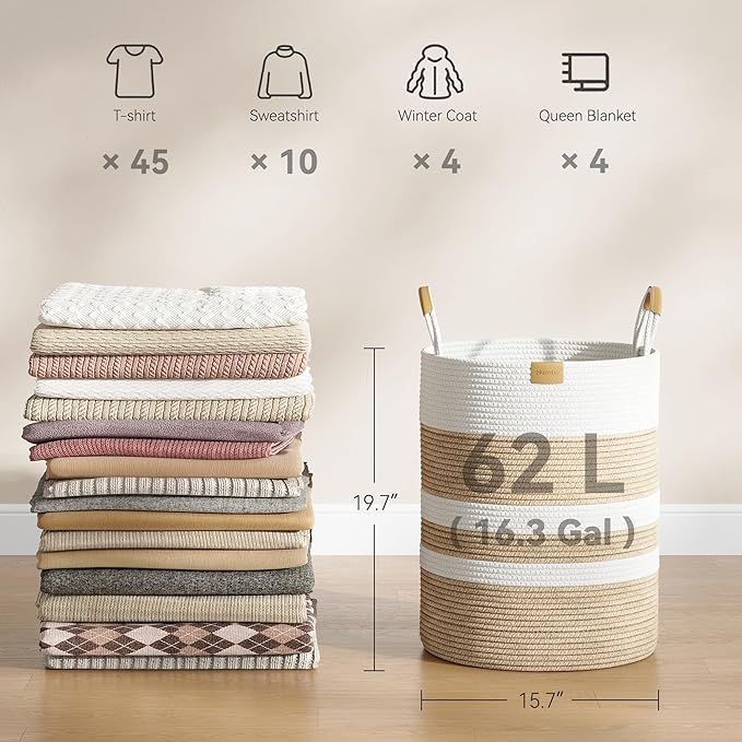 Nunsino 62L Striped Laundry Hamper with Leather Handles,Large Foldable Laundry Basket for Clothes,Cotton Rope Storage Bin for Blankets,Woven Clothes Basket for Bedroom, Beige Stripes