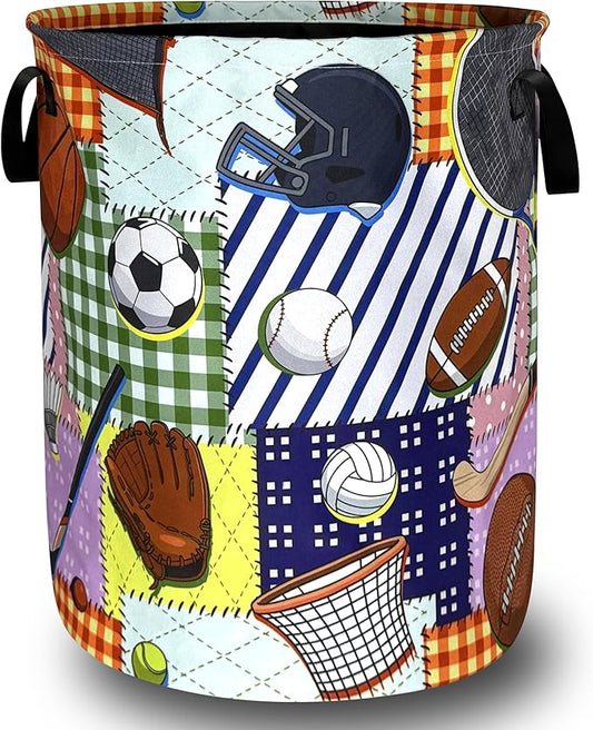 Colorful Balls Sports Laundry Basket Foldable Ball Games Laundry Hamper With Handle Portable Oxford Cloth Clothes Storage Basket Funny Laundry Bag 18.9"x16.5" For Laundry Room/Bedroom/Bathrooms