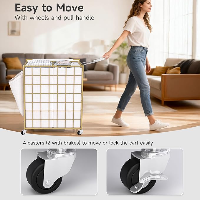 Laundry Basket with Wheels, Heavy Duty Laundry Sorter 2 Sections, 120L (32Gal.) Large Capacity Laundry Hamper with Wood Lid, 360 Rolling Wheels, Extra Side Pocket, Leather Pull Handle, Golden