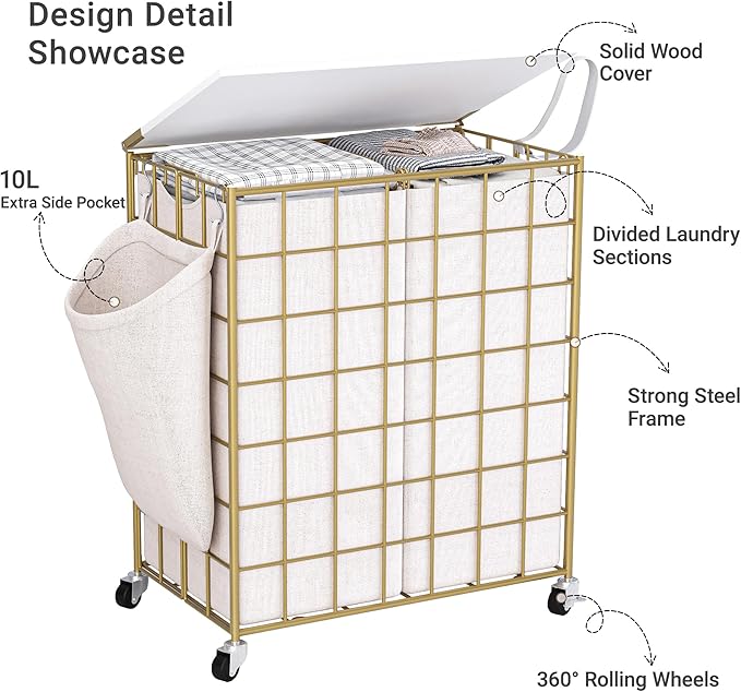 Laundry Basket with Wheels, Heavy Duty Laundry Sorter 2 Sections, 120L (32Gal.) Large Capacity Laundry Hamper with Wood Lid, 360 Rolling Wheels, Extra Side Pocket, Leather Pull Handle, Golden