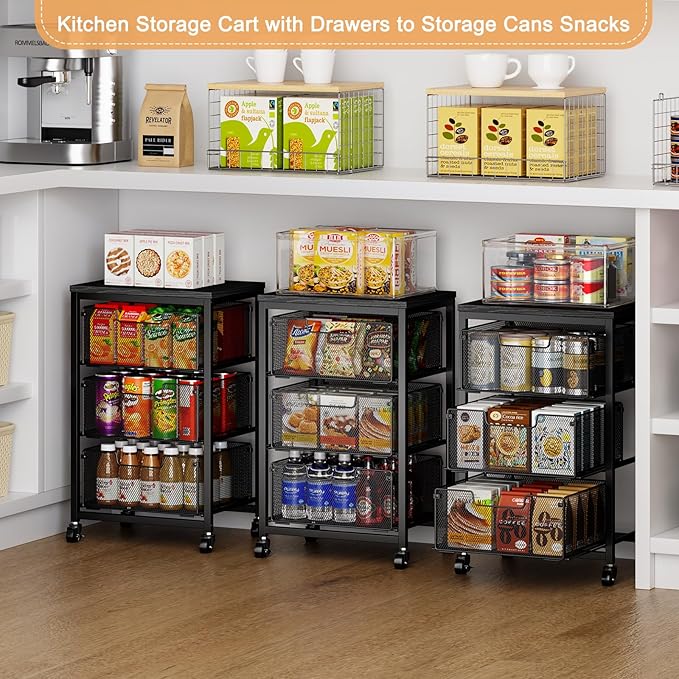 Pantry Organizer and Storage Cart, 3-Tier Kitchen Storage Cart with Drawer, Fruit Vegetable Storage Cart with Wheels, Wooden Top Metal Wire Kitchen Organizer Rack Stand for Food Snack Onion Potato