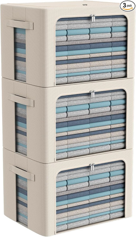 CYhom 3Pack Frame Storage Box - Clothes Storage Bin Bags Oxford Fabric Foldable Stackable Container Organizer Set with Clear Window & Carry Handles Large Capacity (Beige, Large-66L)