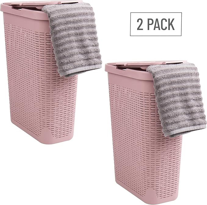 Mind Reader Slim Laundry Hamper with Lid, 40L Clothes Basket, Narrow Tapered Design with Ventilated Cutout Pattern, Plastic, Set of 2, Pink