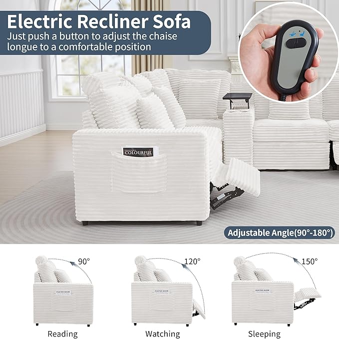 LEVNARY 5-Seat L Shaped Modular Sectional Sofa with Power Recliners, Faux Rabbit Fur Upholstery, Storage Console with Charging Ports & Cup Holders, Living Room Couch Set for Home Office (White)