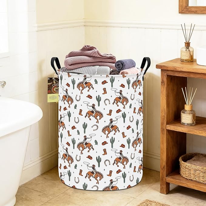 HUNRUNG Collapsible Fabric Storage Basket, Waterproof Laundry Hamper with Handles, Round Storage Bin for Clothes Toys, Foldable Organizer for Bedroom Nursery Bathroom(Round-Cowboy)