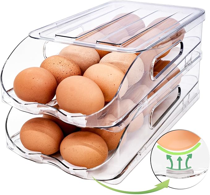 SMRCAD Egg Holder for Fridge, Automatic Steady Rolling Egg Container with Soft Bumpers & Handle for Refrigerator, Stackable Fridge Organizers and Storage with Lid