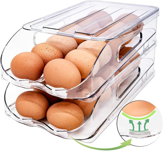 SMRCAD Egg Holder for Fridge, Automatic Steady Rolling Egg Container with Soft Bumpers & Handle for Refrigerator, Stackable Fridge Organizers and Storage with Lid