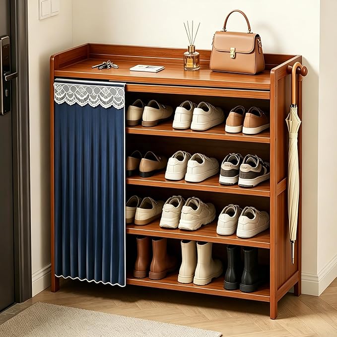 5 Tier Shoe Rack Bamboo Shoe Shelf Storage Organizer Shoe Stand for Closet, Entryway, Hallway, Bathroom and Living Room, Natural