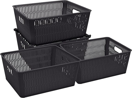 Simplify 4Pk Large Slide 2 Stack It Tote Basket | Storage & Organization | Open Bins with Stackable Capability | Bathroom | Crafts | Pantry | Playroom | Office | Black (KIT-25930-BLK-4PK)