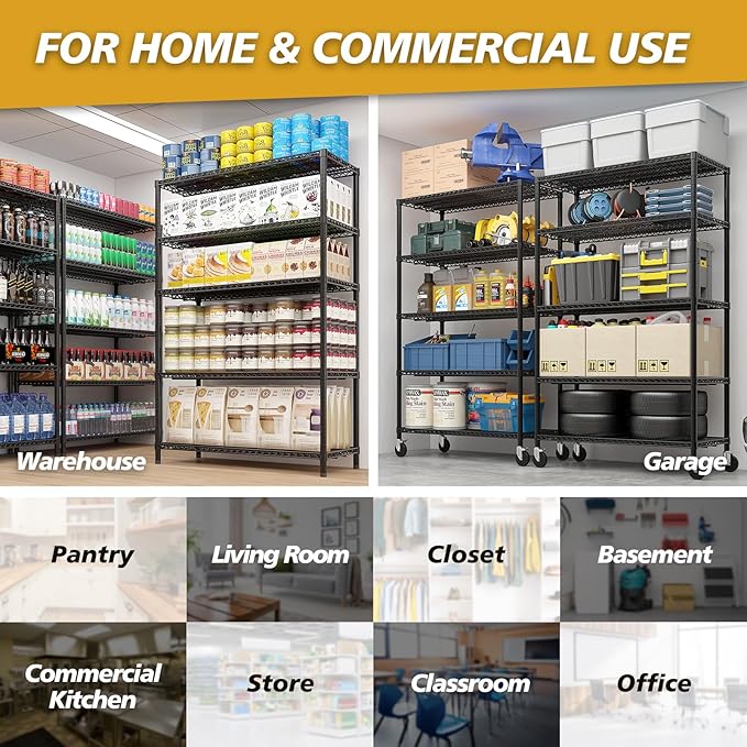 5 Tier Storage Racks Shelving, Heavy Steel Pantry Shelves, Adjustable Wire Shelving Rack with Wheels, Suitable for Garage, Kitchen, Bathroom, Office, 55" W x 24" D x 76" H, Black