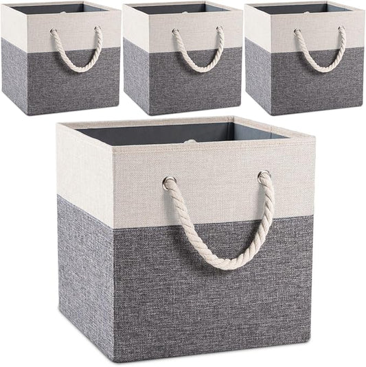 PRANDOM Large Foldable Cube Storage Bins 13x13 inch [4-Pack] Fabric Linen Storage Baskets Cubes Drawer with Cotton Handles Organizer for Shelves Nursery Closet Bedroom White and Grey