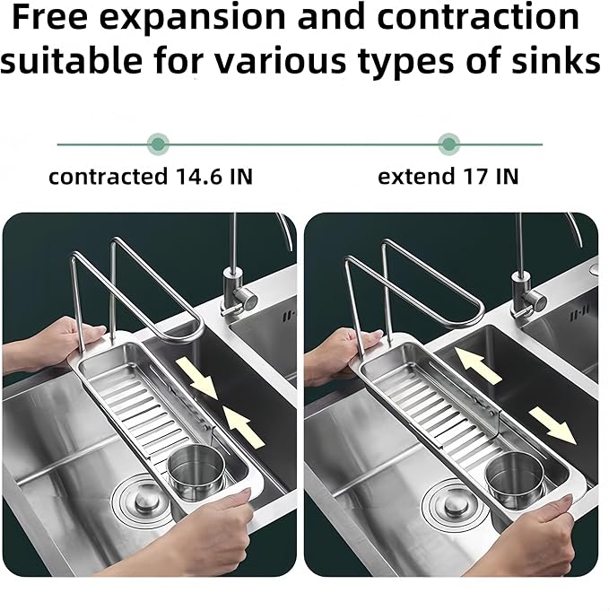 Stainless Steel Telescopic Over Sink Organizer Rack for Kitchen-Expandable Over The Sink Shelf, Adjustable Sponge Holder Organizer, Kitchen Sink Organizers Inside Sink for Sponge Rack