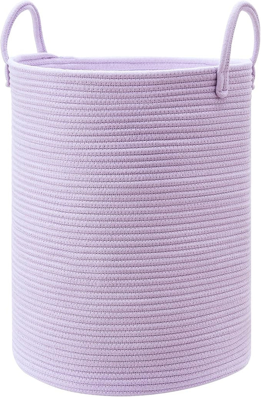 80L Extra Large Purple Hamper Laundry Basket for Nursery Kids 16Dx22H inches Tall Lavender Blanket Basket for Girls Cotton Rope Lilac Clothes Hamper in Bedroom