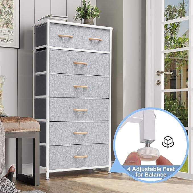 Crestlive Products Vertical Dresser Storage Tower - Sturdy Steel Frame, Wood Top, Easy Pull Fabric Bins, Wood Handles - Organizer Unit for Bedroom, Hallway, Entryway, Closets - 7 Drawers (Light Gray)