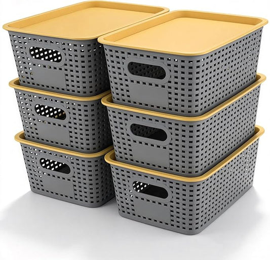 AREYZIN Plastic Storage Bins with Lid,Stackable Storage Bins and Storage Baskets for Shelves,Small Baskets for Organizing, Small Storage Bins,10.2x7.2x4.1 Inch,6-Pack, Gray