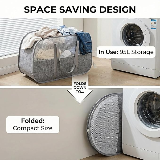 Large Collapsible Laundry Hamper,95L Capacity laundry basket with Handles,Breathable Mesh Design,Sturdy Steel Frame Clothes Hamper,Hampers for Bedroom,Dorm, Bathroom, Home