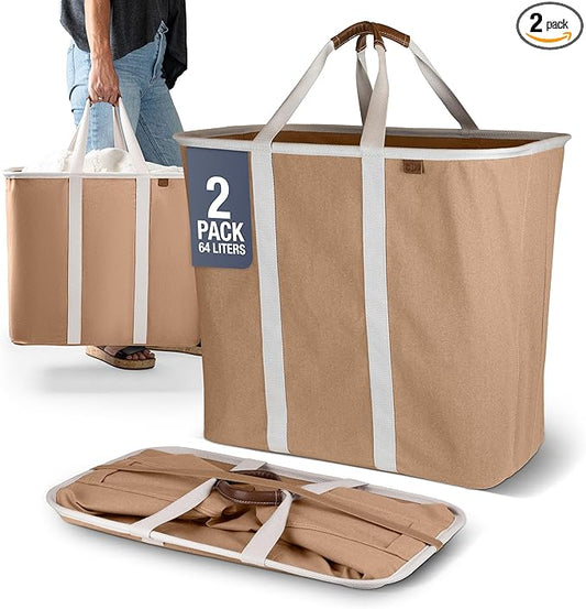 CleverMade Collapsible Laundry Caddy – Foldable Laundry Hamper & Tote, XXL 64L Pop-Up Laundry Basket with Handles, Space-Saving Laundry Organizer for Home, Dorm, Closet & Travel, 2 Pack - LUXE Mocha