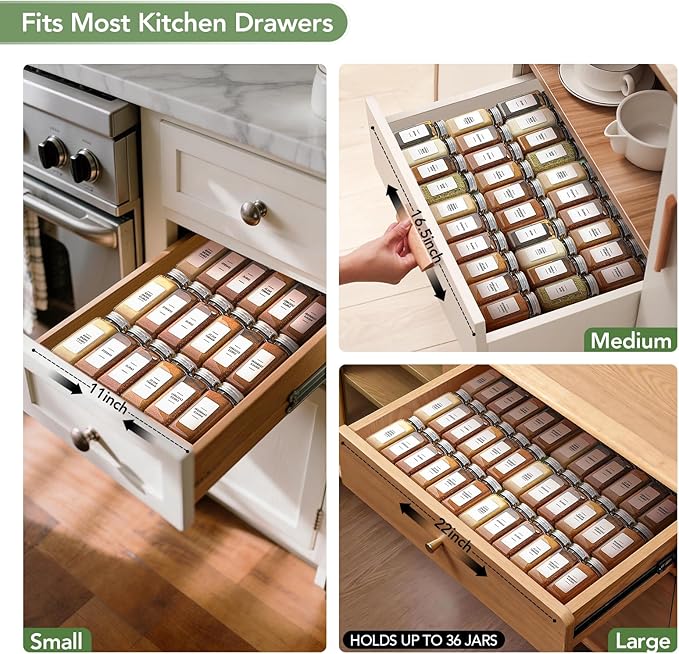 Expandable Drawer Spice Organizer, Thickened Plastic 3-Tier Spice Rack for Kitchen Drawers (11"–22"), Non-Slip & Easy to Clean, Keeps Spices Visible, Neat & Easy to Grab (Jars Not Included) GR
