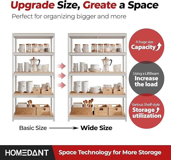 HOMEDANT 47.7" W Deep 5 Tier Heavy Duty Garage Shelving Adjustable Metal Rack Storage Shelves Standing Shelf Unit Organizers Industrial Warehouse Basement White 2Pack
