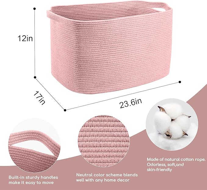 MEGASKET Extra Large Pink Storage Basket, 23.6" x 17" x 12" Rectangle Blanket Basket Living Room, Woven Cotton Rope Basket, Toy Basket Bins, Pink Baskets for Decor, Wicker Baby Laundry Basket