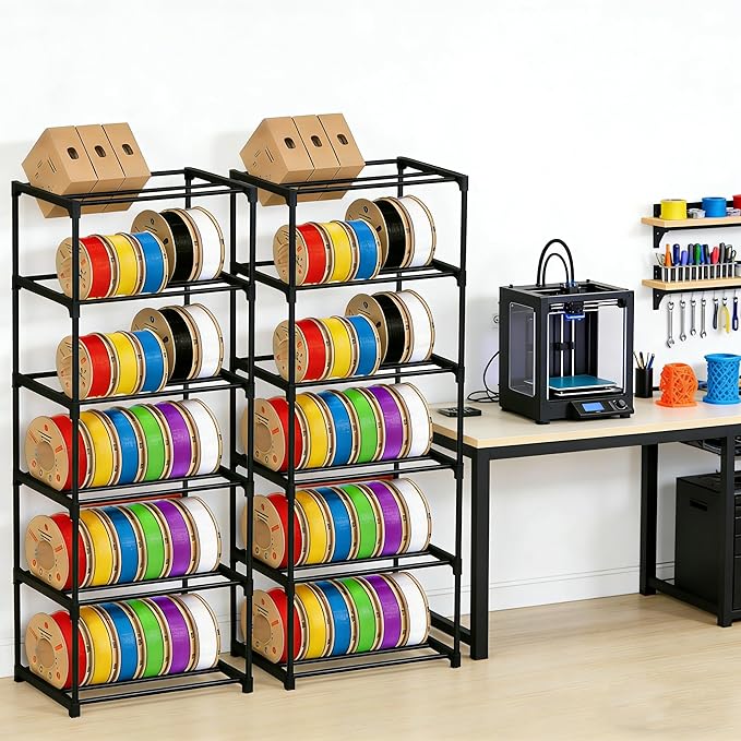 Two 6-Tier 3D Printer Filament Storage Rack, Heavy Duty Metal Spool Holder Holds 72×1kg, Tool-Free Assembly, Modular Design for Home Office Workshop