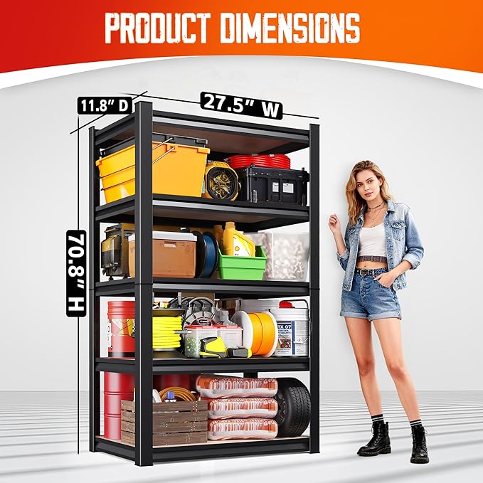 71.2"H-28"W-12"D Garage Shelving-5 Tier Garage Storage Shelves,Adjustable Heavy Duty Metal Shelving Unit and Storage Large Rack,Utility Steel Shelf For Warehouse Industrial Pantry Basement Organizers
