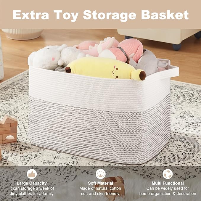 OIASKET XXXL Large Blanket Basket, 108L Storage Basket, Cotton Rope Baskets for Living Room, Toy Basket for Kids, Woven Baskets for Clothes, Towels, Pillows, 25" x 16" x 16", Black and White