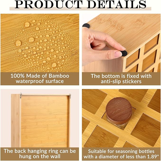 Novabright 36 Grids Bamboo Spice Rack Organizer, Wooden Spice Rack Wall Mount with Square Compartments, Wood Hanging Shelf for 4 oz Glass Jar Drawer Cabinet Kitchen Countertop Wall