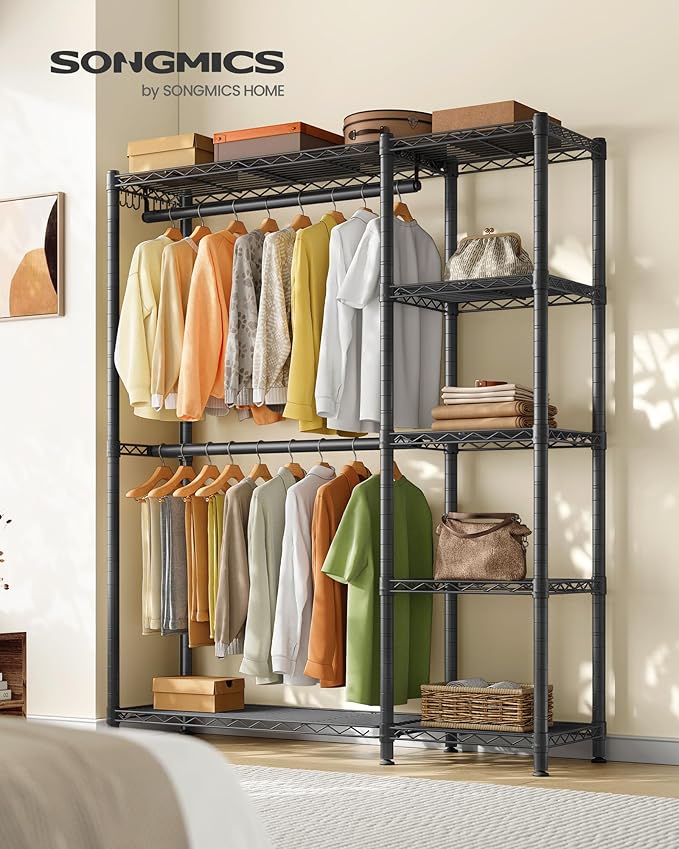 SONGMICS Clothing Rack, Heavy-Duty Garment Rack with Adjustable Storage Shelves and Hanging Rails, Hooks, Freestanding Portable Wardrobe Closet, Ink Black ULGR426BH01S