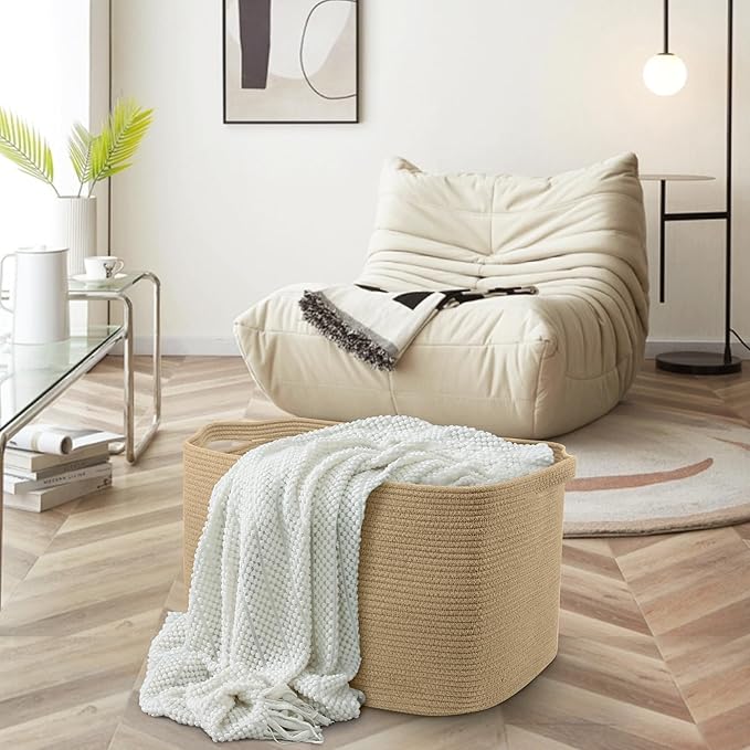 MEGASKET Large Jute Rectangle Rope Basket, 23.6" x 17" x 12" Blanket Storage for Living Room, Pool Towel Basket, Woven Baby Floor Laundry Hamper for Clothes, Toy Storage Bin, Bathroom Towel Storage