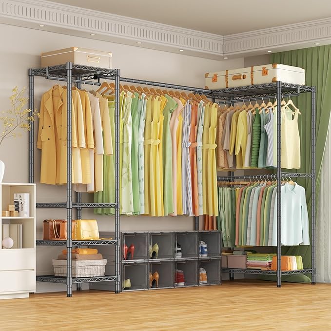 ULIFHOME E10L L-Shaped Clothes Rack for Corner（With Expandable Hanger Rod）Heavy Duty Freestanding Clothing Racks for Hanging Clothes，Portable Garment Rack 58-82"W x 30"D x 72"H，Max Load 900LBS，Grey