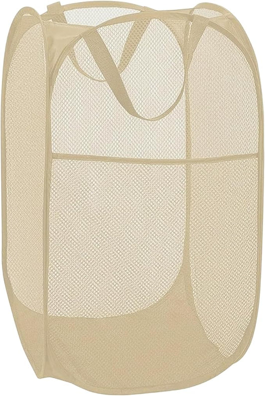 BATTOO Deluxe Strong Mesh Pop up Laundry Hamper Basket with Side Pocket for Laundry Room, Bathroom, Kids Room, College Dorm or Travel Beige