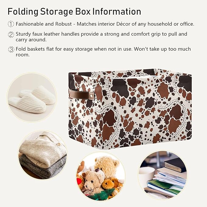 xigua Cow Print Storage Basket Collapsible Storage Bins Waterproof Canvas Storage Basket with Leather Handles for Home Closets Offices,Bedrooms,Gift Baskets,1PCS