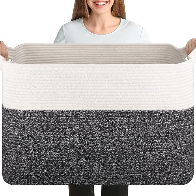 OIASKET XXXL Supre Large Blanket Basket for Clothes, Towels, Pillows, 108L Cotton Rope Storage Basket for Living Room, Supre Large Woven Toy Storage for Kids, 25" x 16" x 16", Dark Grey and White
