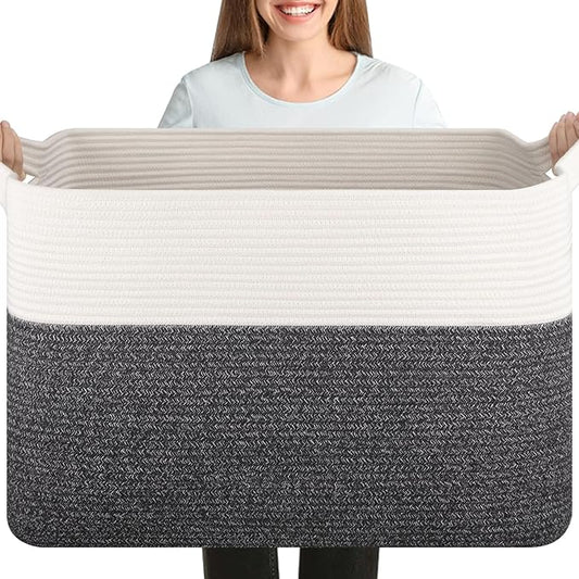 OIASKET XXXL Supre Large Blanket Basket for Clothes, Towels, Pillows, 108L Cotton Rope Storage Basket for Living Room, Supre Large Woven Toy Storage for Kids, 25" x 16" x 16", Dark Grey and White