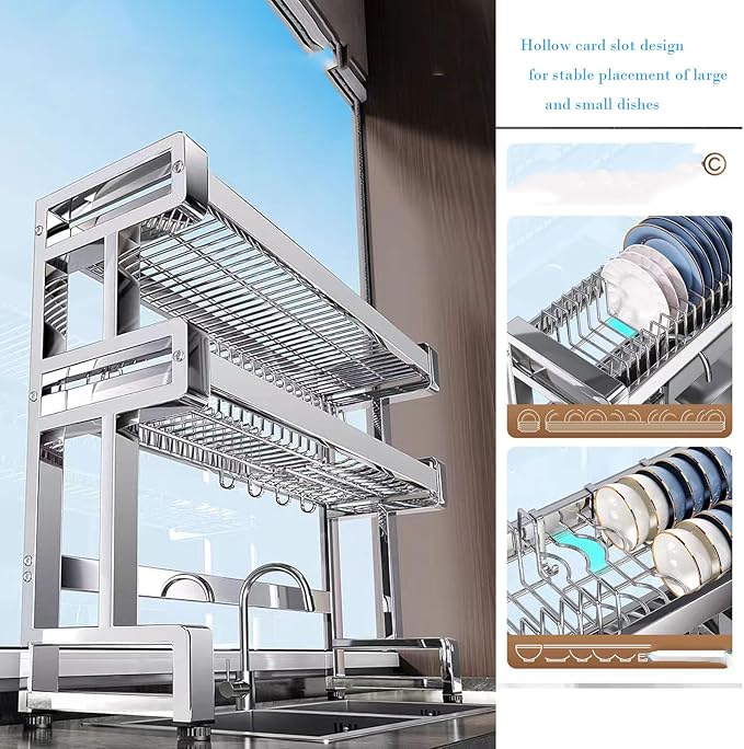 Over The Sink Dish Drying Rack, 3-Tier Stainless Steel Dish Rack, Sink Organizer,for Kitchen Counter.with Hook & Chopsticks Holder,Cutting Board Rack, Adjustable Feet(33.4 * 11.4 * 31in)