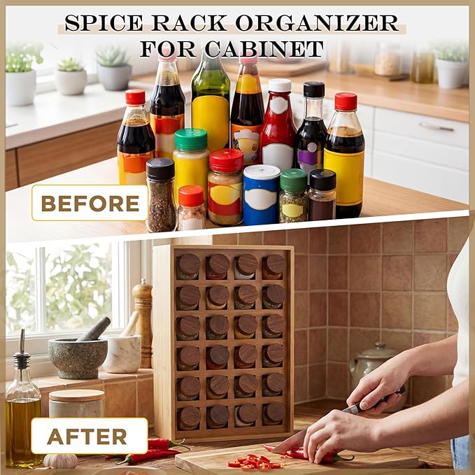 Novabright 24 Grids Bamboo Spice Rack Organizer, Wooden Spice Rack Wall Mount with Square Compartments, Wood Hanging Shelf for 4 oz Glass Jar Drawer Cabinet Kitchen Countertop Wall, Jars Not Included