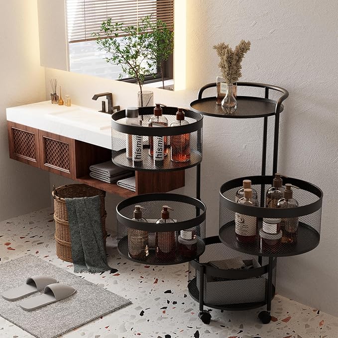 Rotating Kitchen Storage Rack No Assembly, 4-Tier Round Metal Storage Basket Shelves,Rotating Tower Organizer with Rolling Wheels with 4 Drawers for Fruit Vegetable Grocery(4-Tier, Black)