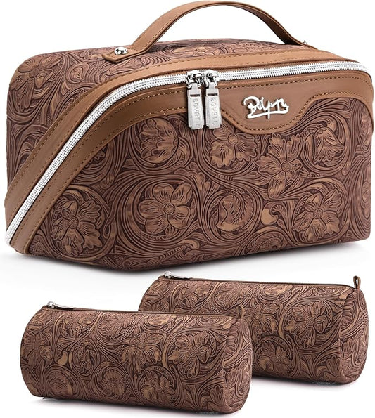 BOYATU Travel Makeup Bags Cosmetic Organizer Bag: 3 Pcs Set Large Capacity Floral Make up Bag with Compartments - Waterproof Leather Toiletry Bags with Handle for Women (19-Brown)