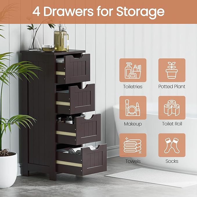SUPER DEAL Small Bathroom Storage Cabinet with 4 Drawers, Freestanding Narrow Wooden Side Storage Organizer for Bathroom Hallway Living Room, Brown